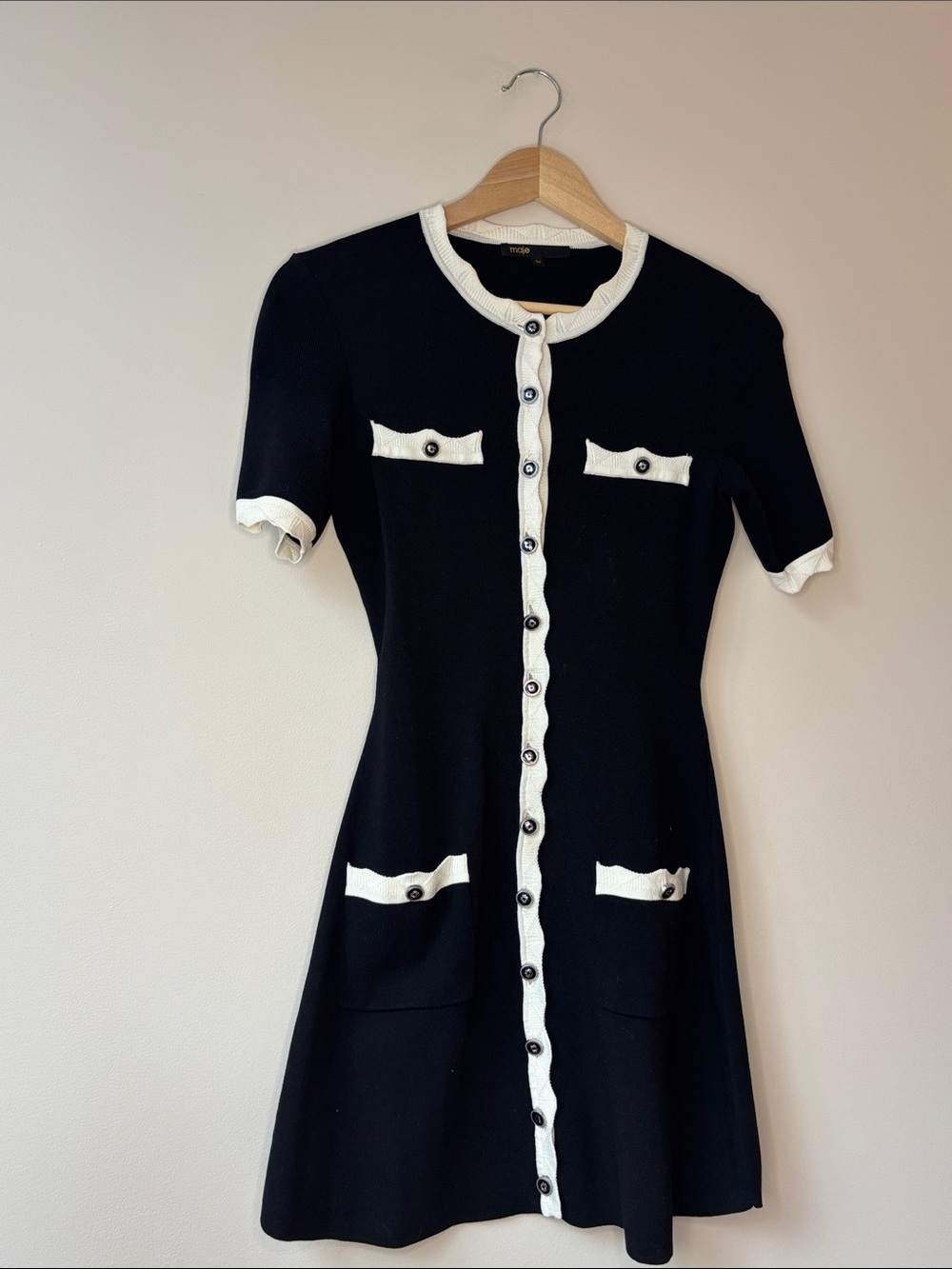 Maje Black Mini Dress with White Contrast Trim - Picture 3 of 9